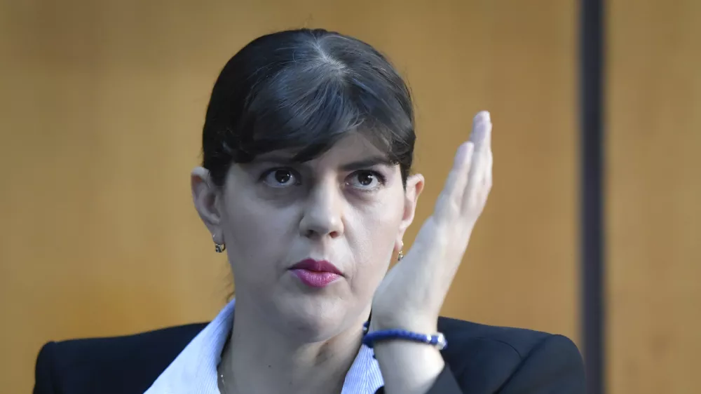 FILE - In this Friday, Oct. 4, 2019 file photo, European Union's chief prosecutor Laura Codruta Kovesi speaks in Bucharest, Romania. The European Union's chief prosecutor on Friday, Oct. 1, 2021 accused Slovenia of interfering in the EU's justice system and raised concerns about whether the 27-nation bloc's budget is protected from fraud or corruption. (AP Photo/Andreea Alexandru, File)