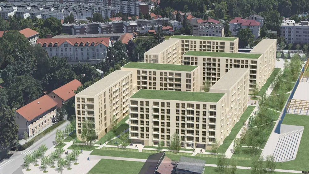 Stanovanjsko sosesko Mestni kare Pov&scaron;etova bodo sestavljali &scaron;tirje bloki. Foto:&nbsp;Gužič Trplan arhitekti