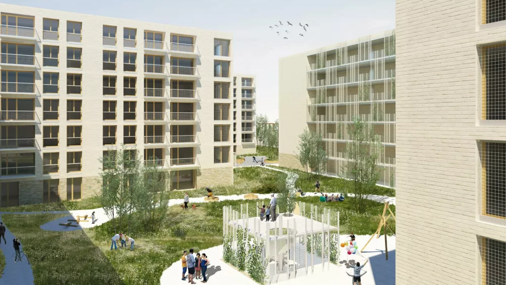 Znotraj soseske Mestni kare Pov&scaron;etova so med drugim predvidene zelene povr&scaron;ine, otro&scaron;ka igri&scaron;ča in povr&scaron;ine za druženje stanovalcev. Foto:&nbsp;Gužič Trplan arhitekti