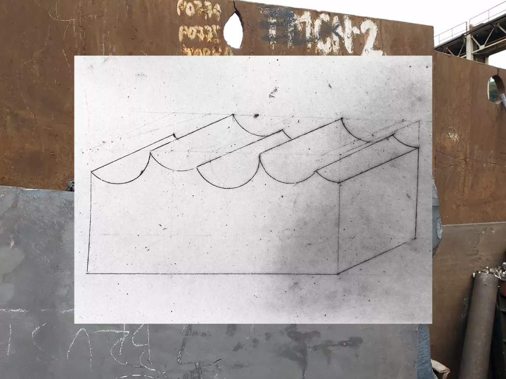 Skica osnutka za spomenik, ki so ga pozneje umetniku I&scaron;tvanu I&scaron;tu Huzjanu pomagali iz jekla oblikovati zaposleni železarji v SIJ Ravne Systems. Foto: arhiv KGLU