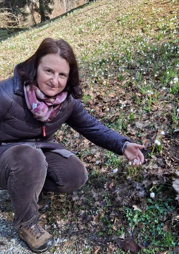 Krajinska arhitektka Mateja Račevski pokaže kronico z zelenimi pikicami na cvetovih. Nekatere pa imajo rumene. / Foto: Meta Černoga