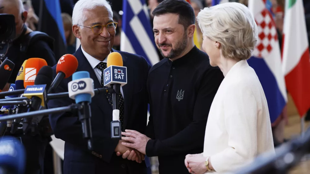 From left, European Council President Antonio Costa, Ukraine's President Volodymyr Zelenskyy and European Commission President Ursula von der Leyen arrive for an EU Summit at the European Council building in Brussels, Thursday, March 6, 2025. (AP Photo/Omar Havana)