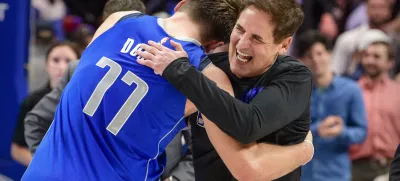 Nov 18, 2019; Dallas, TX, USA; Dallas Mavericks owner Mark Cuban hugs forward Luka Doncic (77) after the win over the San Antonio Spurs at the American Airlines Center. Mandatory Credit: Jerome Miron-USA TODAY Sports