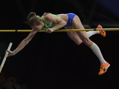 Slovenia's Tina Sutej in action during pole vault final during European Athletics Indoor Championships in Apeldoorn, Netherlands, Saturday, March 8, 2025. (AP Photo/Peter Dejong)