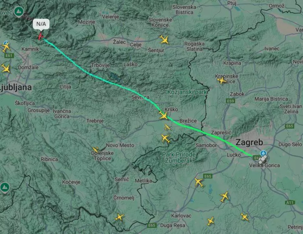 10. marca zjutraj jue nad Veliko planino izginilo manj&scaron;e letalo, ki je vzletelo v Zagrebu. To je njegova pot na Flightradar24. 