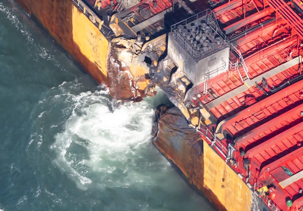 11 March 2025, United Kingdom, Grimsby: A view of the MV Stena Immaculate oil tanker, operating as part of the US government's Tanker Security Programme, at anchor in the Humber Estuary, off the coast of East Yorkshire following a collision with the Solong container ship on Monday. The burning cargo ship which crashed in the North Sea is expected to sink, and a missing sailor is presumed dead, a UK government minister said on Tuesday. Photo: Danny Lawson/PA Wire/dpa