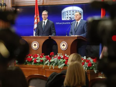 SARAJEVO, BOSNIA AND HERZEGOVINA - FEBRUARY 26: Serbian President Aleksandar Vucic (L) and Serb leader Milorad Dodik (R) hold a joint press conference in Sarajevo, Bosnia and Herzegovina on February 26, 2025. Dodik, who is also President of Republika Srpska (RS), one of the two entities in the country, was sentenced in prison and a six-year political ban for flouting decisions by the envoy who implements the landmark 1995 Dayton Peace Agreement. Miomir Jakovljevic / AnadoluNo Use USA No use UK No use Canada No use France No use Japan No use Italy No use Australia No use Spain No use Belgium No use Korea No use South Africa No use Hong Kong No use New Zealand No use Turkey