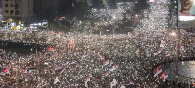 Students and anti-government demonstrators light the flashlights of their mobile phones during a protest, which has become a national movement for change following the deadly November 2024 Novi Sad railway station roof collapse, in Belgrade, Serbia, March 15, 2025. REUTERS/Igor Pavicevic