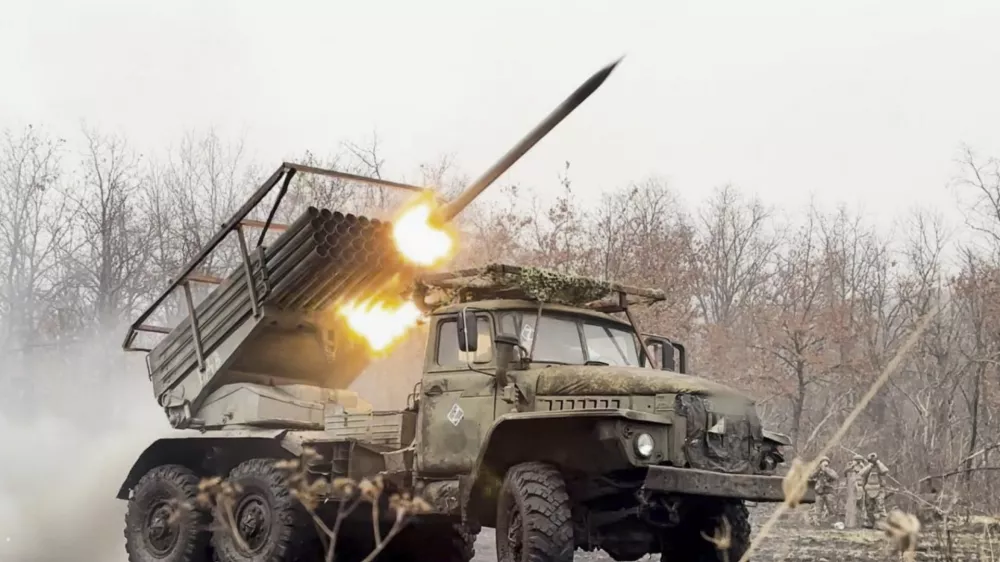 In this photo distributed by Russian Defense Ministry Press Service on Thursday, March 20, 2025, a Russian "Grad" self-propelled multiple rocket launcher fires towards Ukrainian positions in Ukraine. (Russian Defense Ministry Press Service via AP)