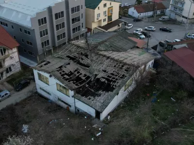 A drone view shows a night club destroyed in a fire resulting in casualties, in the town of Kocani, North Macedonia, March 16, 2025. REUTERS/Alexandros Avramidis