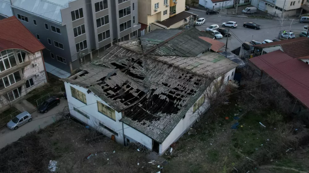 A drone view shows a night club destroyed in a fire resulting in casualties, in the town of Kocani, North Macedonia, March 16, 2025. REUTERS/Alexandros Avramidis