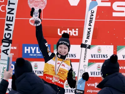 Nordic Combined - FIS Nordic Combined World Cup - Lahti, Finland - March 21, 2025 Slovenia's Nika Prevc celebrates with the Crystal Ball after winning the women's HS130 ski jumping competition Pepe Korteniemi/Lehtikuva via REUTERS ATTENTION EDITORS - THIS IMAGE WAS PROVIDED BY A THIRD PARTY. NO THIRD PARTY SALES. NOT FOR USE BY REUTERS THIRD PARTY DISTRIBUTORS. FINLAND OUT. NO COMMERCIAL OR EDITORIAL SALES IN FINLAND.