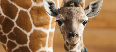 18 March 2025, Hesse, Kronberg: The giraffe cub Kianga stands in front of her mother, Kimia. Born in the early hours of March 10, she is the first reticulated giraffe offspring at Opel Zoo since 1984. Photo: Lando Hass/dpa
