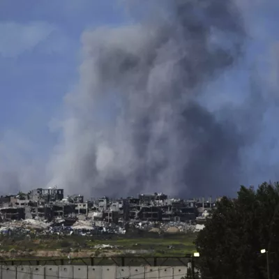 Smoke rises following an Israeli bombardment in the Gaza Strip, as seen from southern Israel, Wednesday, March 19, 2025. (AP Photo/Ariel Schalit)