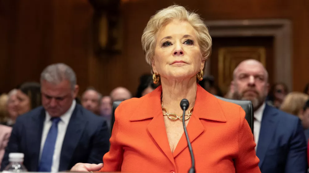 FILE PHOTO: Linda McMahon, U.S. President Trump's nominee to be secretary of Education, testifies before a Senate Health, Education, Labor, and Pensions (HELP) Committee confirmation hearing on Capitol Hill in Washington, D.C., U.S., February 13, 2025. REUTERS/Tierney Cross/File Photo