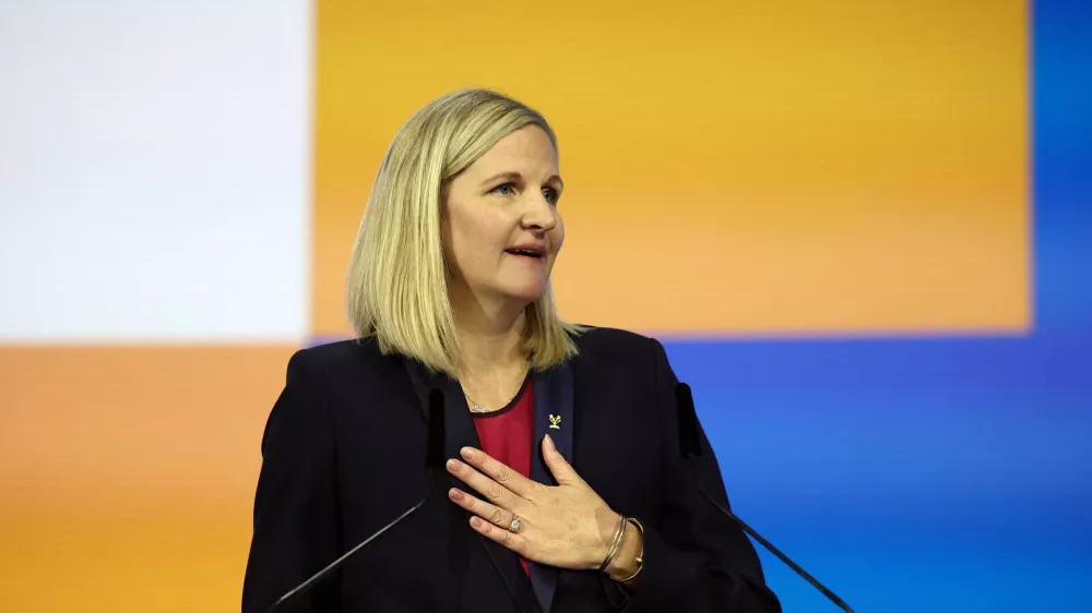 Olympics - 144th IOC Session - Costa Navarino, Pylos, Greece - March 20, 2025 Kirsty Coventry looks on as she is elected the new president of the International Olympic Committee (IOC) REUTERS/Louisa Gouliamaki