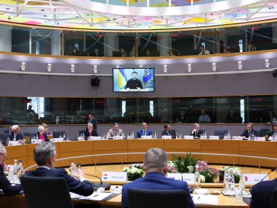 HANDOUT - 20 March 2025, Belgium, Brussels: Ukraine's President Volodymyr Zelensky speaks via a video conference during the EU summit at the European Council headquarters in Brussels. Photo: Alexandros Michailidis/EU Council/dpa - ATTENTION: editorial use only and only if the credit mentioned above is referenced in full