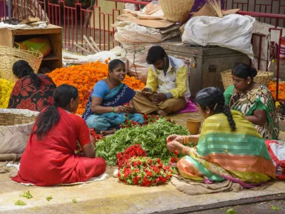 Women working at flower stall at K. R. Market in Banaglore, Karnataka, India, Asia,Image: 890388304, License: Royalty-free, Restrictions: Editorial Use Only, Model Release: no