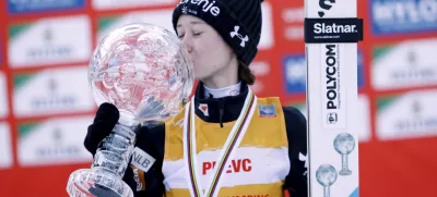21 March 2025, Finland, Lahti: Slovenia's Nika Prevc celebrates with World Cup overall victory with the Crystal Ball after the women's HS130 ski jumping competition at the FIS Nordic World Cup in Lahti. Photo: Pepe Korteniemi/Lehtikuva/dpa