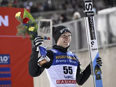 22 March 2025, Finland, Lahti: Slovenia's Anze Lanisek celebrates after winning the men's large hill ski jumping competition at the FIS Nordic World Cup in Lahti. Photo: Emmi Korhonen/Lehtikuva/AP/dpa