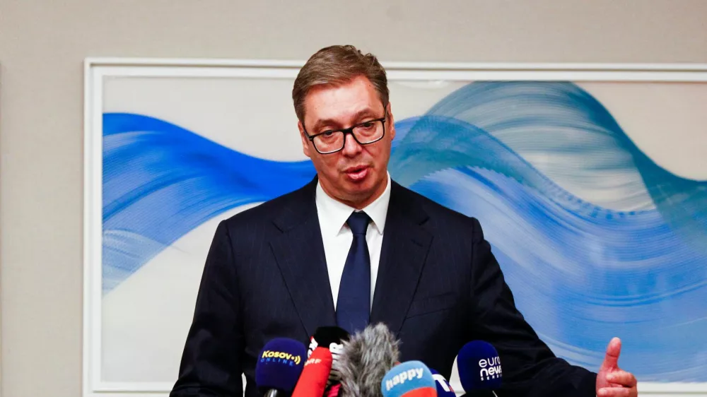 Serbia's President, Aleksandar Vucic speaks during a press conference as he attends the Brdo-Brijuni Process in Skopje, North Macedonia September 11, 2023. REUTERS/Ognen Teofilovski