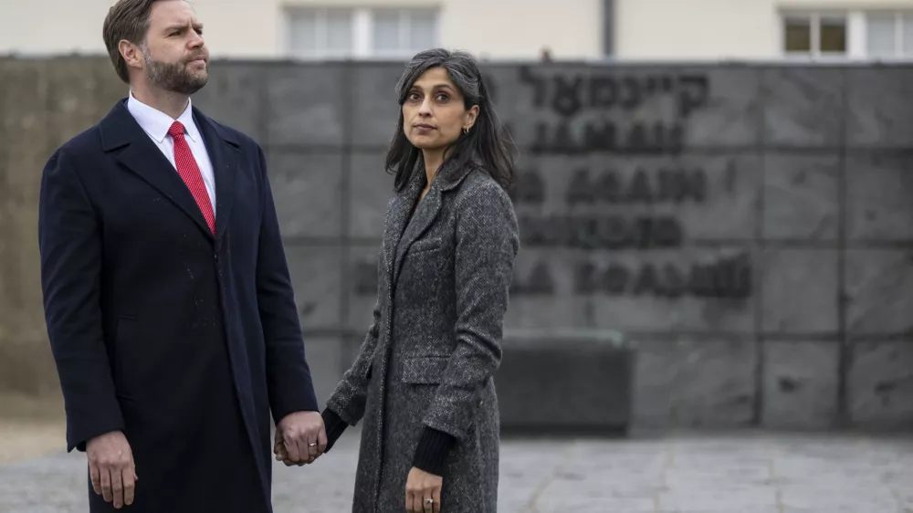 FILED - 13 February 2025, Bavaria, Munich: US Vice President J.D. Vance and his wife Usha Chilukuri Vance visit the former Dachau concentration camp in Munich. Photo: Peter Kneffel/dpa