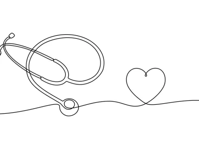 Continuous line drawing of medical health concept. Medical Stethoscope concept in doodle style. Stethoscope detecting heart isolated on transparent background. / Foto: Budi Priyanto