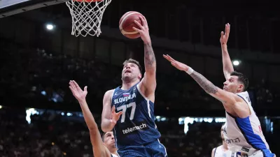 Slovenia's Luka Doncic tries to score against Greece, during an Acropolis tournament basketball match, at the Peace and Friendship indoor stadium at Athens' port city of Piraeus, Saturday, July 6, 2024. (AP Photo/Petros Giannakouris)