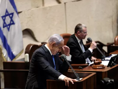 Israeli Prime Minister Benjamin speaks during a special session of the Knesset, Israel's parliament, to approve and swear-in a new coalition government, in Jerusalem June 13, 2021. REUTERS/Ronen Zvulun
