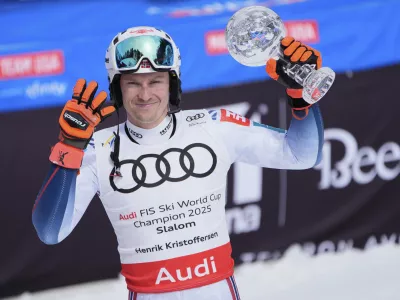 Norway's Henrik Kristoffersen poses after winning the World Cup slalom season title at the World Cup Finals, Thursday, March 27, 2025, in Sun Valley, Idaho. (AP Photo/John Locher)