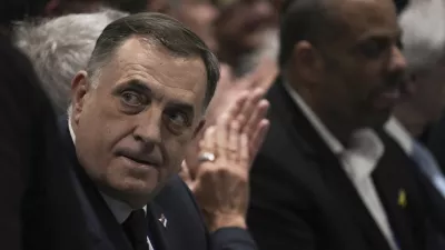 Bosnian Serb President Milorad Dodik, left, attends the International Conference on Combating Antisemitism, in Jerusalem, Thursday, March 27, 2025. (AP Photo/Leo Correa)