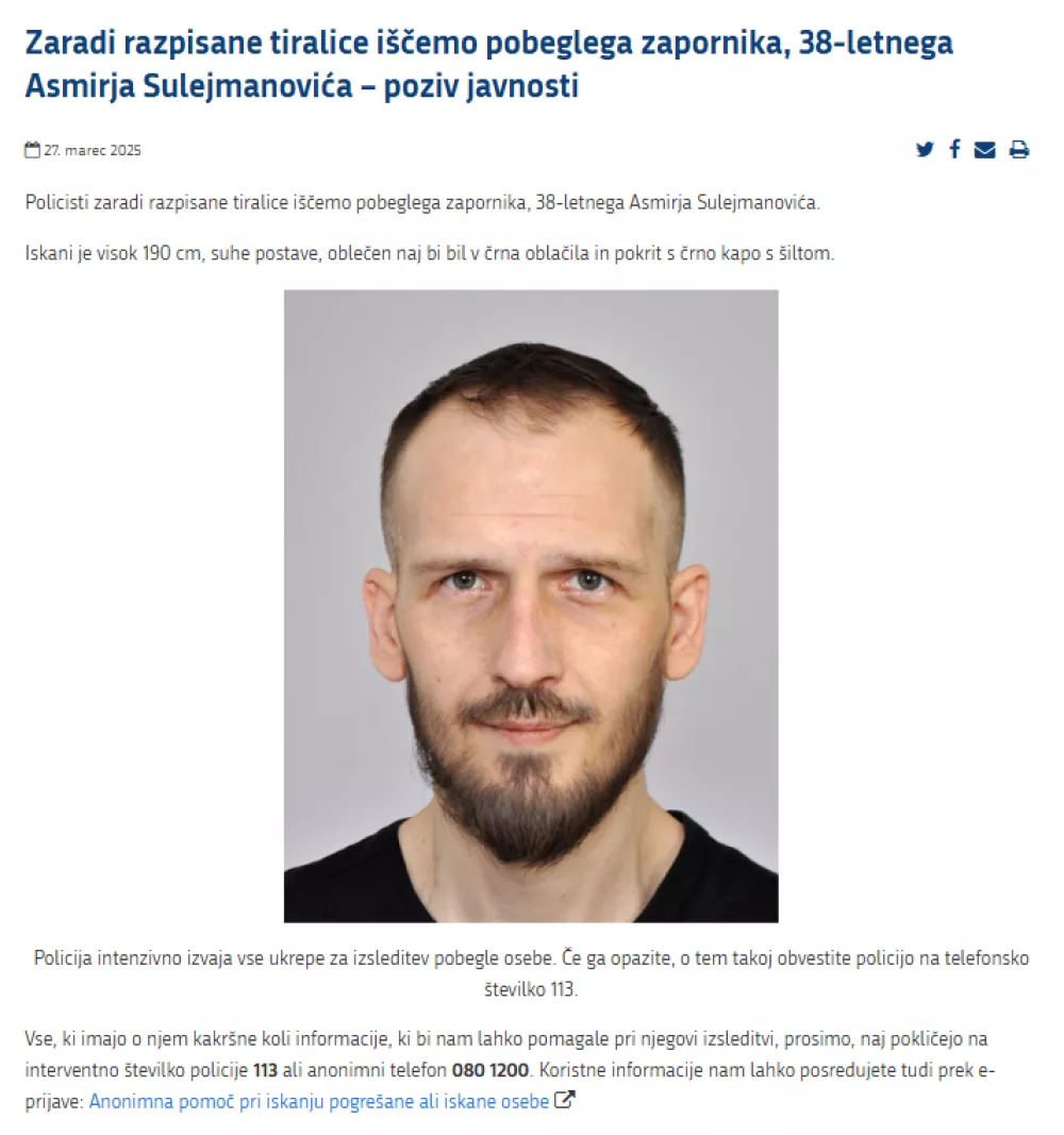 Tiralica za Sulejmanovićem. Vir: policija.si