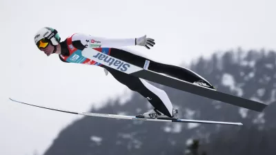 Slovenia's Domen Prevc competes during HS240 individual ski flying event at the Ski Jumping World Cup finals in Planica, Slovenia, Friday, March 28, 2025. (AP Photo/Darko Bandic)