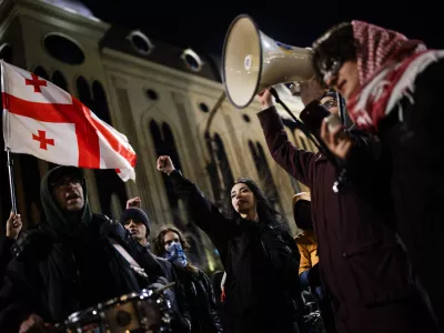 On March 23, 2025, in Tbilisi, Georgia, demonstrators march daily from the Public Broadcaster to the Parliament. They demand that the Public Broadcaster be returned to the public, that it broadcast fair and equitable information, and that state propaganda cease. (Photo by Sebastien Canaud/NurPhoto)NO USE FRANCE
