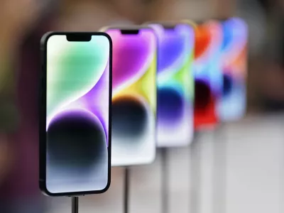 New iPhone 14 models on display at an Apple event on the campus of Apple's headquarters in Cupertino, Calif., Wednesday, Sept. 7, 2022. (AP Photo/Jeff Chiu)