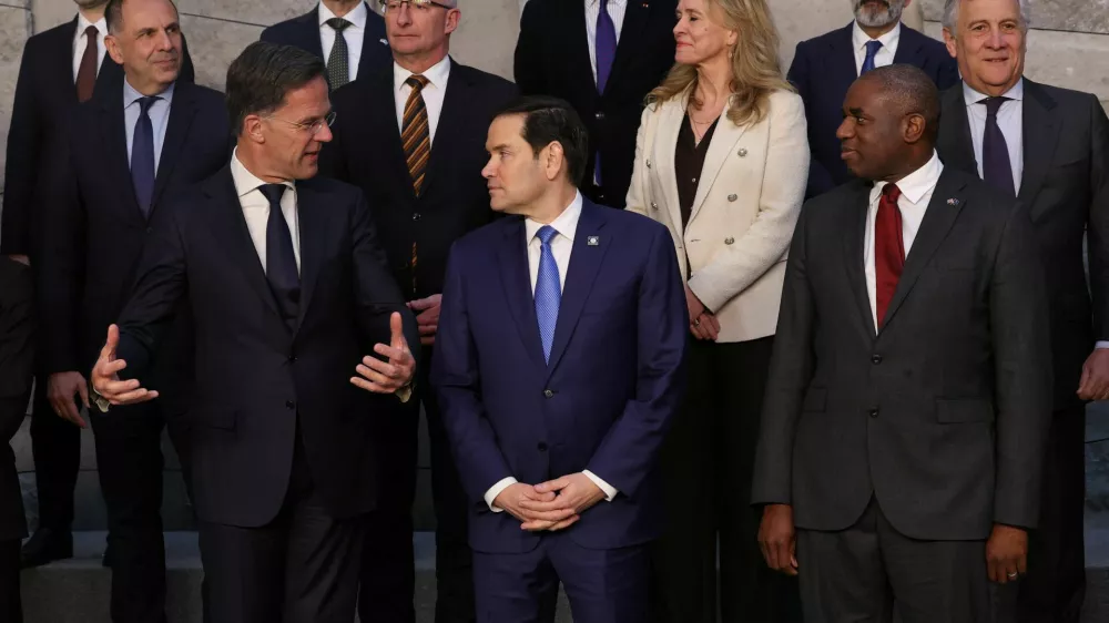 NATO Secretary General Mark Rutte, U.S. Secretary of State Marco Rubio and British Foreign Secretary David Lammy stand in the first row on the day they pose for a family photo with NATO foreign ministers on the day of a meeting at the alliance's headquarters in Brussels, Belgium April 3, 2025. REUTERS/Yves Herman