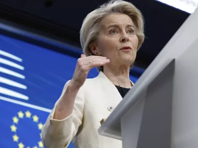 FILE - European Commission President Ursula von der Leyen addresses a media conference at an EU Summit in Brussels, Thursday, March 6, 2025. (AP Photo/Omar Havana, File)