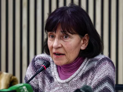 Former religious sister Gloria Branciani who says she has endured sexual abuse by world-renowned religious artist Father Marko Rupnik, appears publicly for the first time holding a press conference in Rome, Italy February 21, 2024. REUTERS/Guglielmo Mangiapane