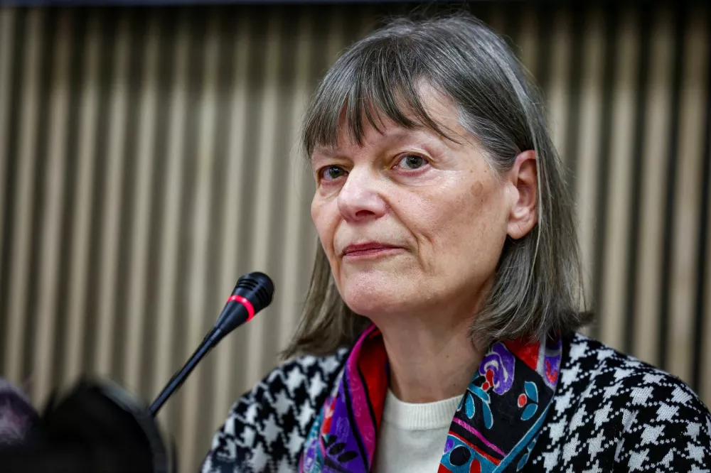 Former religious sister Mirjam Kovac who says she has endured psychological abuse by world-renowned religious artist Father Marko Rupnik, appears publicly for the first time holding a press conference in Rome, Italy February 21, 2024. REUTERS/Guglielmo Mangiapane