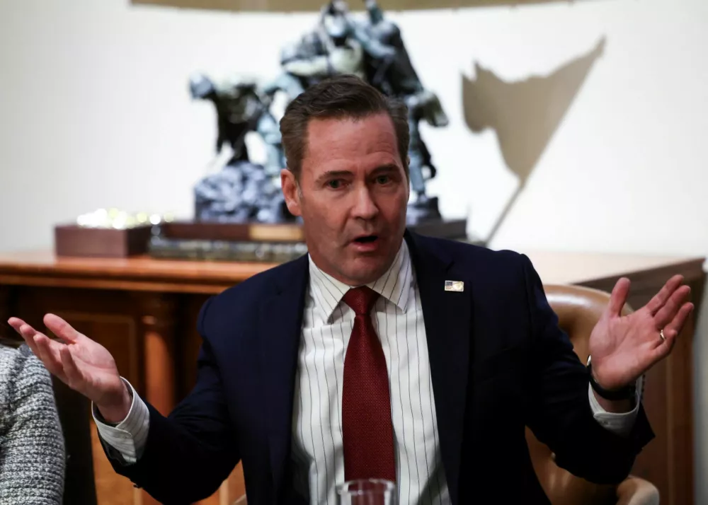 U.S. National Security Advisor Mike Waltz speaks in front of a scale model of the Iwo Jima Memorial as U.S. President Donald Trump meets with U.S. ambassador nominees at the White House in Washington, D.C., U.S., March 25, 2025. REUTERS/Evelyn Hockstein