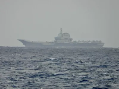 This image released by the Taiwan Ministry of National Defense shows China's Shandong aircraft carrier sailing near Taiwan on Monday, March 31, 2025. (Taiwan Ministry of National Defense via AP)