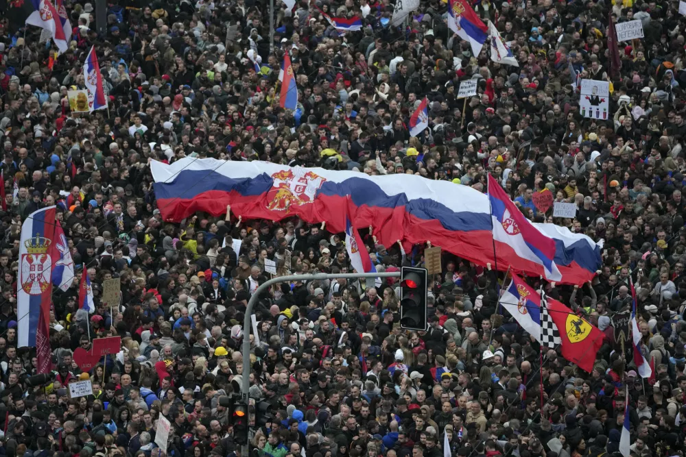 Protesters rally against Serbia's President Aleksandar Vucic and his government in downtown Belgrade, Serbia, March 15, 2025. (AP Photo/Darko Vojinovic)
