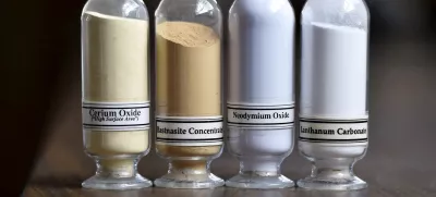 FILE PHOTO: Samples of rare earth minerals from left, Cerium oxide, Bastnasite, Neodymium oxide and Lanthanum carbonate are on display during a tour of Molycorp's Mountain Pass Rare Earth facility in Mountain Pass, California June 29, 2015. REUTERS/David Becker//File Photo