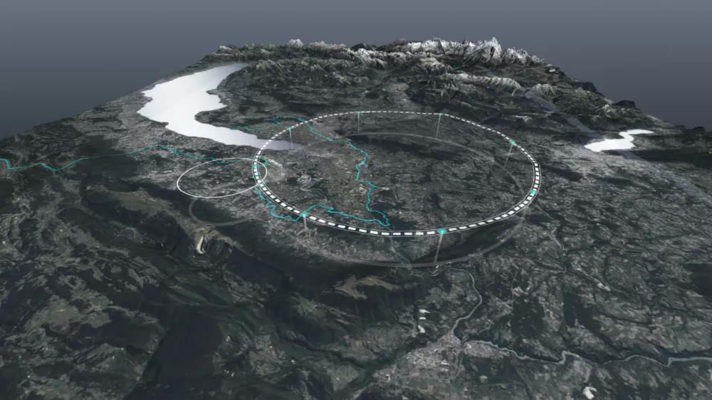 Svica.Graficni prikaz novega kroznega trkalnika.Evropska organizacija za jedrske raziskave (Cern) je objavila studijo o izvedljivosti morebitnega bodocega kroznega trkalnika z obsegom okoli 91 kilometrov. Ta bi lahko po letu 2040 nasledil veliki hadronski trkalnik, ki ima obseg 27 kilometrov in je trenutno vodilni instrument Cerna. Dokument bo v prihodnje obravnaval svet Cerna.Foto: CERN