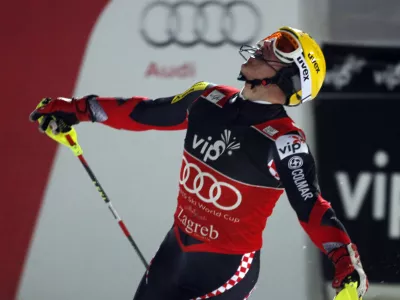 Croatia's Ivica Kostelic celebrates in the finish area after the second run of a men's World Cup slalom alpine ski event in Zagreb, Croatia, Thursday, Jan. 5, 2012. Kostelic placed third. (AP Photo/Darko Bandic)