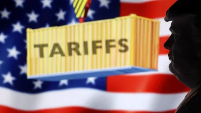 A 3D-printed miniature model of U.S. President Donald Trump, U.S. Flag and word "Tariffs" are seen in this illustration taken, April 2, 2025. REUTERS/Dado Ruvic/Illustration