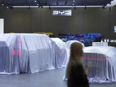 Veiled cars are seen at BYD booth during the media day at the Seoul Mobility Show in Goyang, South Korea, Thursday, April 3, 2025. (AP Photo/Lee Jin-man)