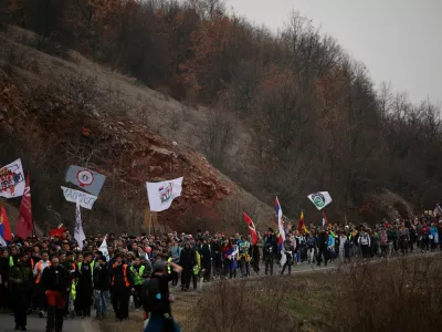 Serbian students march on their way towards the city of Nis during their protest over the fatal November 2024 Novi Sad railway station roof collapse, near the village of Vrelo, Serbia February 28, 2025. REUTERS/Stoyan Nenov
