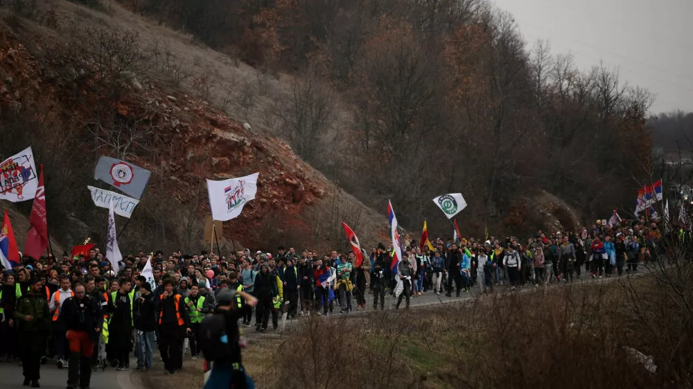 Serbian students march on their way towards the city of Nis during their protest over the fatal November 2024 Novi Sad railway station roof collapse, near the village of Vrelo, Serbia February 28, 2025. REUTERS/Stoyan Nenov
