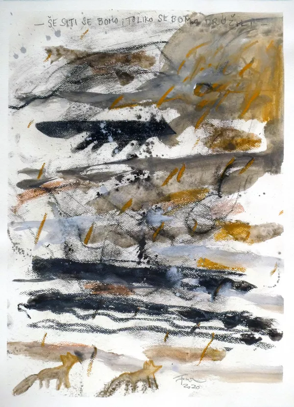 Črtomir Frelih: &Scaron;e siti se bomo tok se bomo družili, 2020, risba, 75 &times; 57 cm F osebni arhiv avtorja